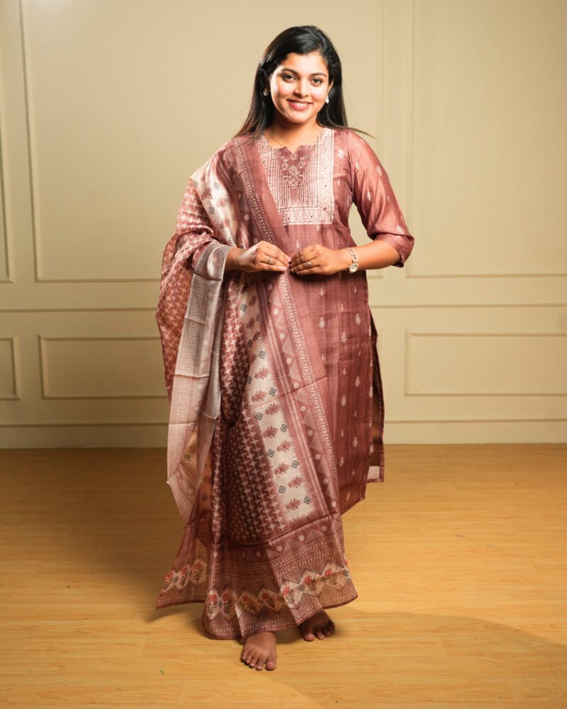 Rose Geometric Block Print Embroidered Kurta Set with Dupatta
