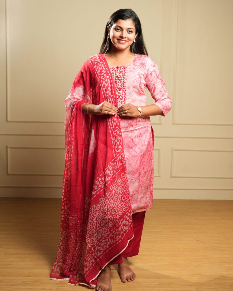 Pink & Red Batik Tie-Dye Kurta Set with Block Print Dupatta