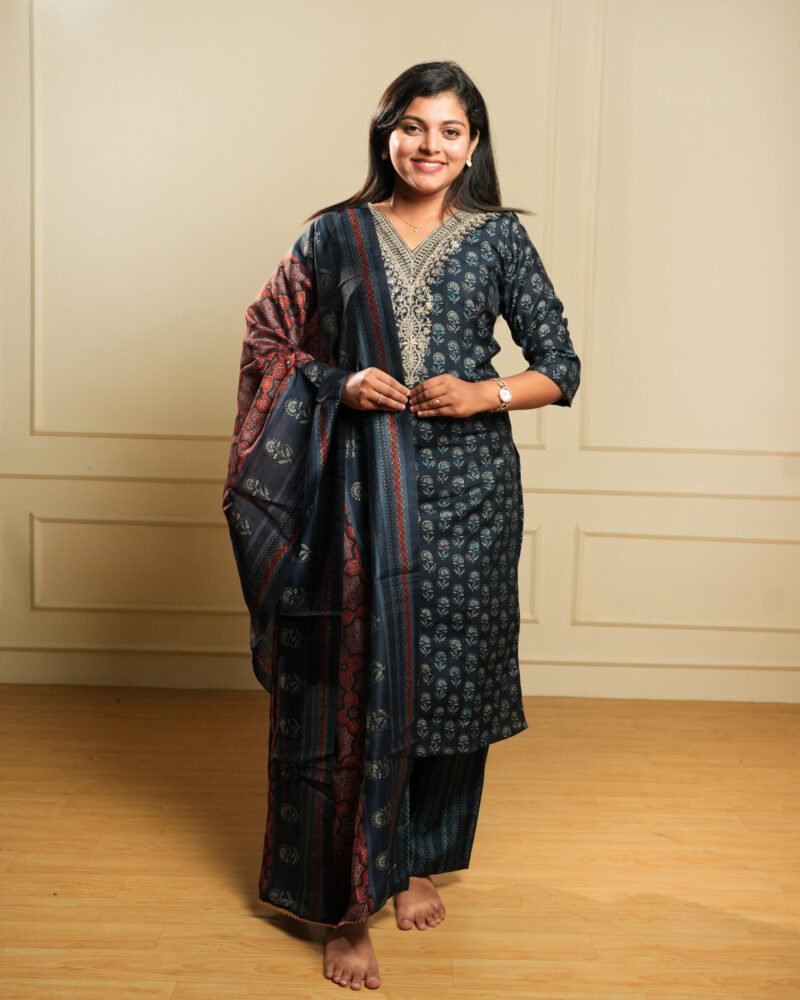 Navy Blue Block Print Embroidered Kurta Set with Dupatta