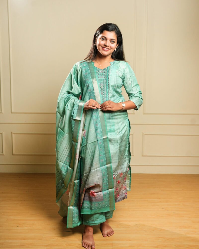 Mint Green Mirror Work Kurta Set with Floral Banarasi Dupatta