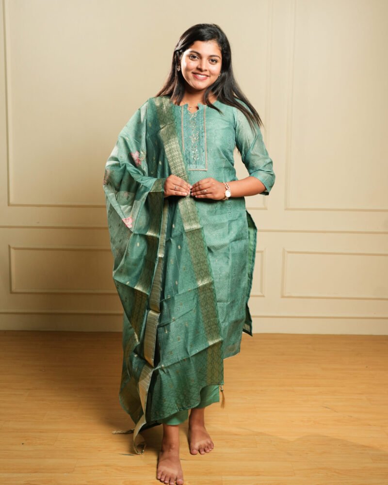 Teal Green Embroidered Kurta Set with Banarasi Dupatta |