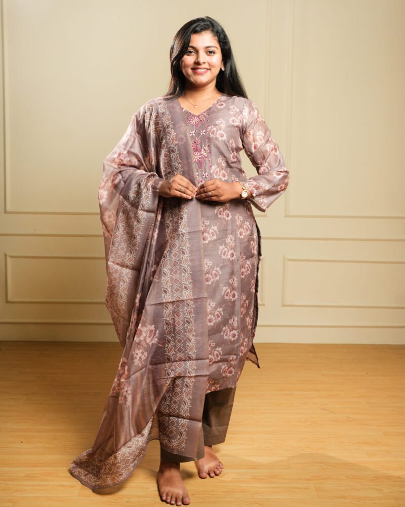 Mauve Floral Printed Embroidered Kurta Set with Dupatta