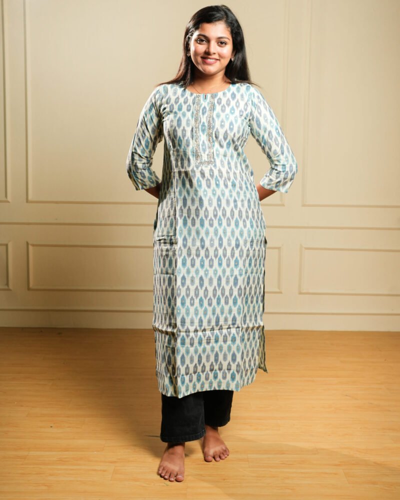 Blue Ikat Print Cotton Kurta with Side Pockets
