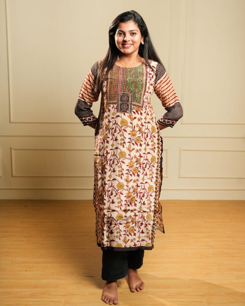 Beige Floral Print Cotton Kurta with Ethnic Panel Design