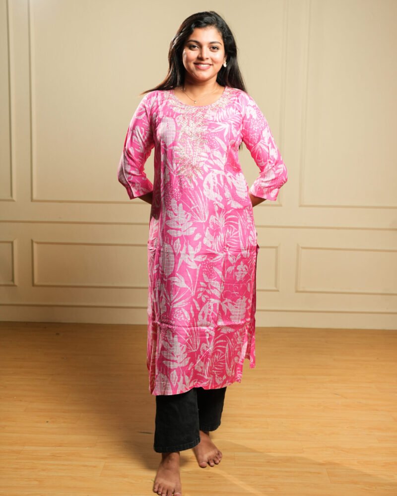 Pink Tropical Print Cotton Kurta with Side Pockets