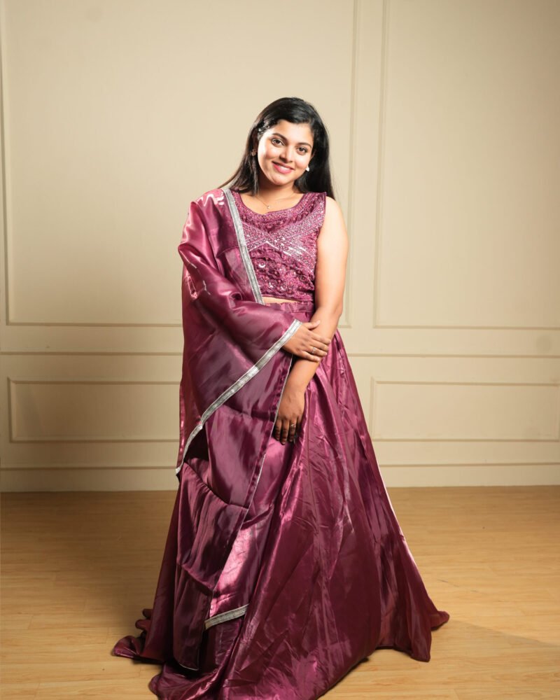 Wine Maroon Embroidered Crop Top Lehenga Set with Dupatta