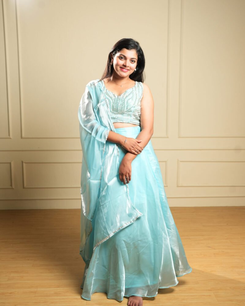 Pastel Blue Embroidered Crop Top Lehenga Set with Dupatta