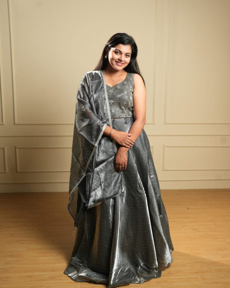 Steel Grey Embroidered Crop Top Lehenga Set with Dupatta