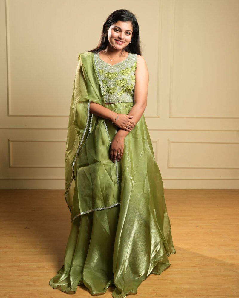 Olive Green Embroidered Crop Top Lehenga Set with Dupatta