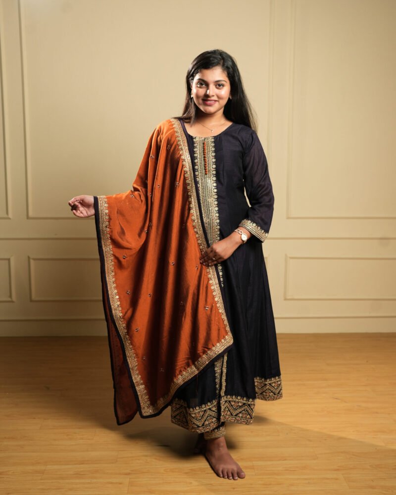Navy Blue Embroidered Anarkali Suit with Rust Dupatta