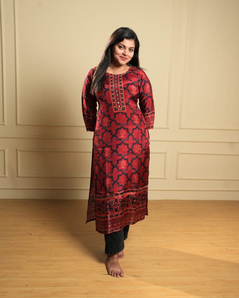 Red Geometric Printed Cotton Kurti