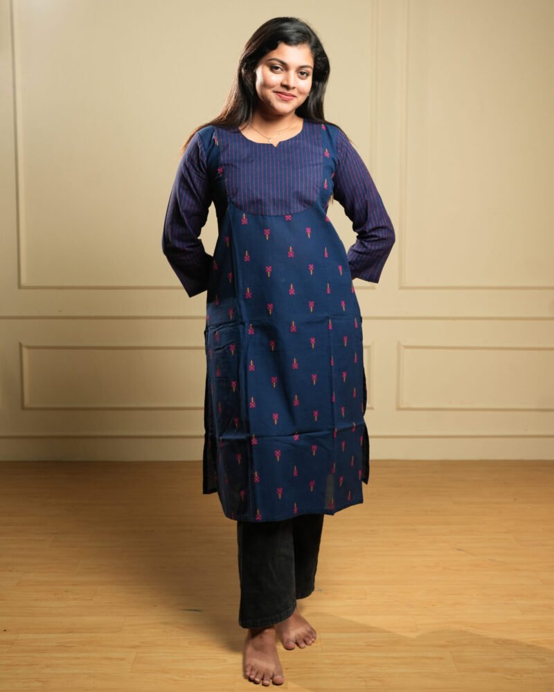 Navy Blue Printed Cotton Kurti with Striped Yoke