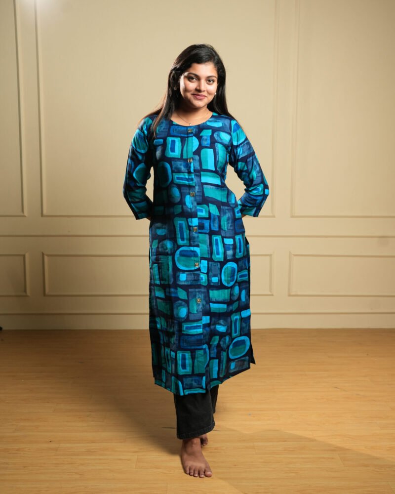 Teal Blue Abstract Printed Straight Kurti