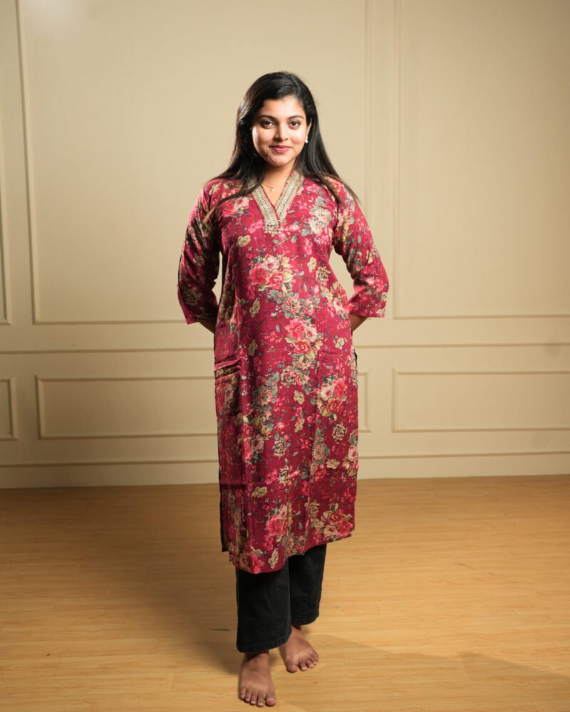 Maroon Floral Printed Straight Kurti