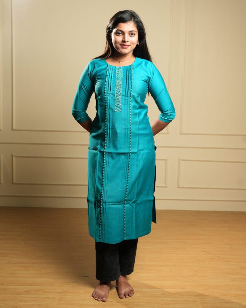 Teal Blue Solid Straight Kurti with Thread Embroidery