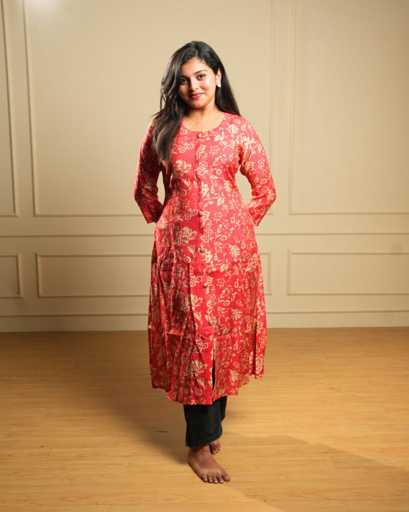 Red Floral A‑Line Printed Kurti