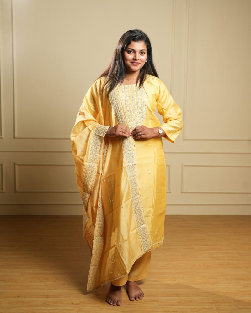 Mustard Yellow Embroidered Kurti Set with Dupatta