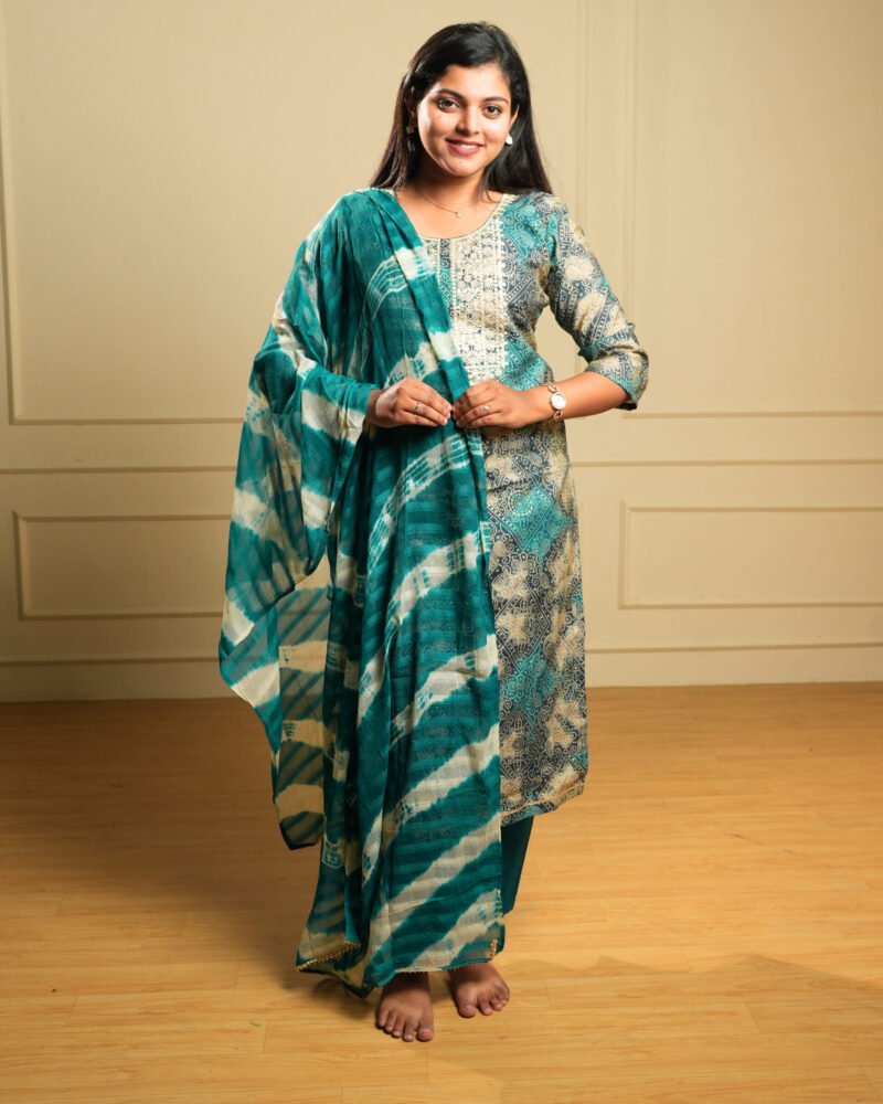 Teal & Cream Printed Kurti Set with Dupatta
