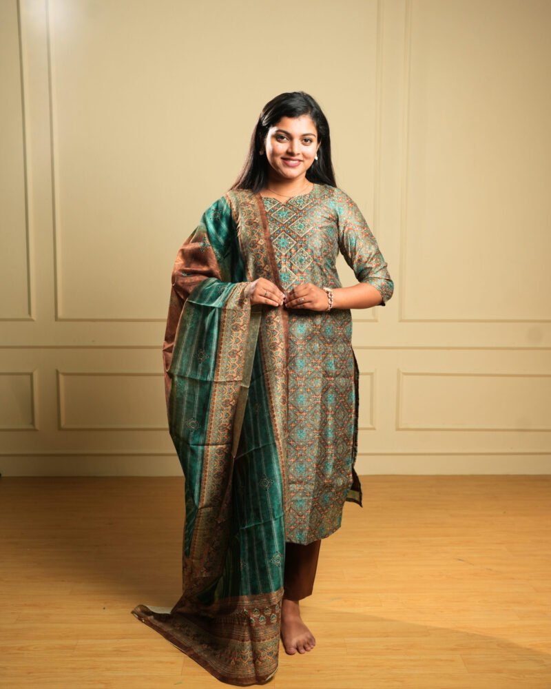 Teal Green Brocade Printed Kurti Set with Dupatta