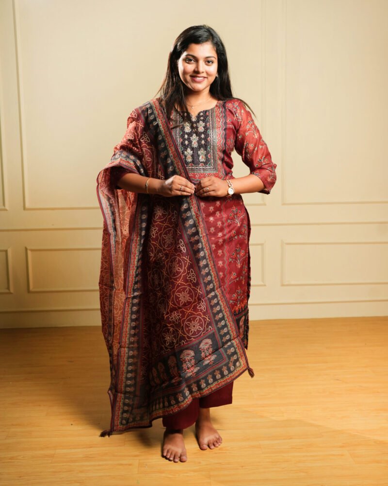 Maroon Traditional Printed Kurti Set with Dupatta