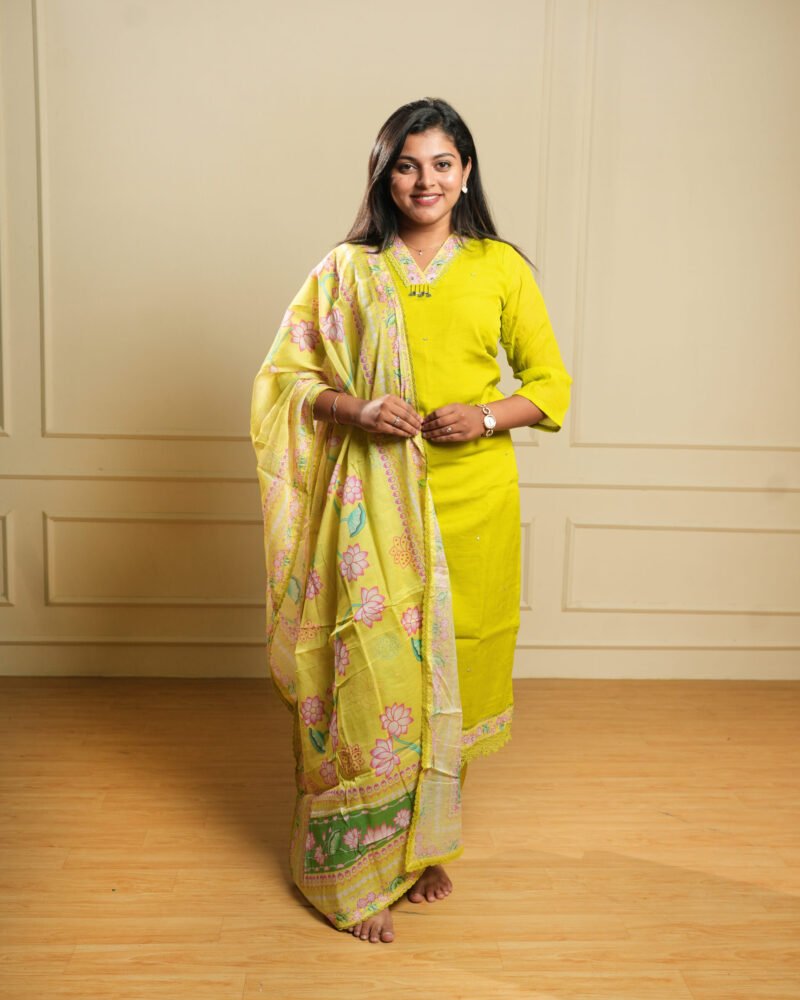 Lime Yellow Embroidered Kurti Set with Printed Dupatta