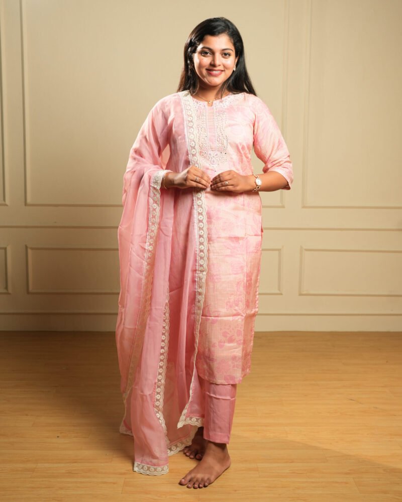 Baby Pink Embroidered Kurti Set with Dupatta