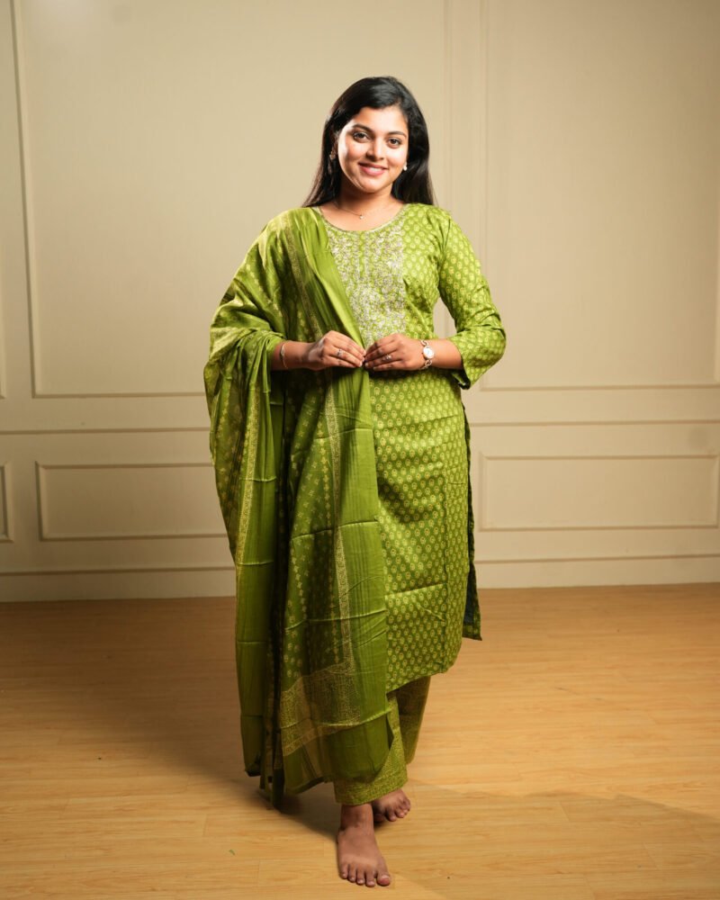 Olive Green Embroidered Kurti Set with Dupatta