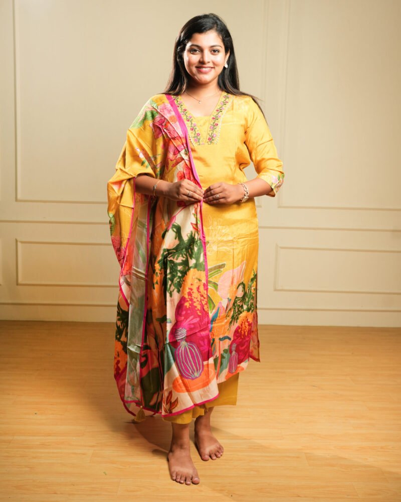 Mustard Floral Printed Kurti Set with Dupatta