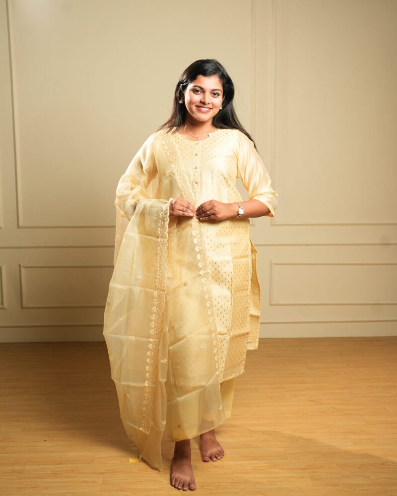 Cream Chikankari Embroidered Kurta Set with Organza Dupatta