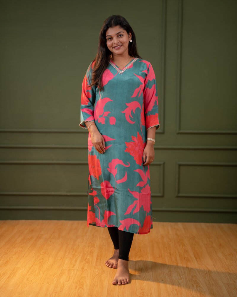 Teal Green Floral Printed Straight Kurti with V-Neck Detail
