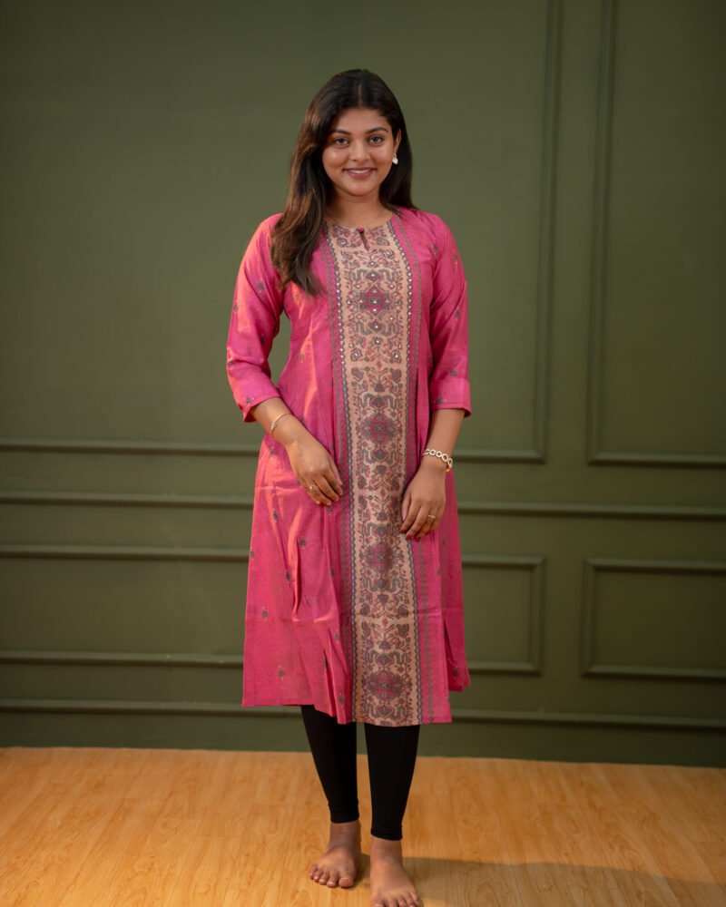 Rose Pink A-Line Kurti with Traditional Panel Print