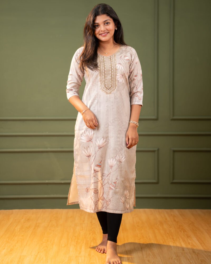 Beige Floral Printed Kurti with Embroidered Yoke and Three-Quarter Sleeves