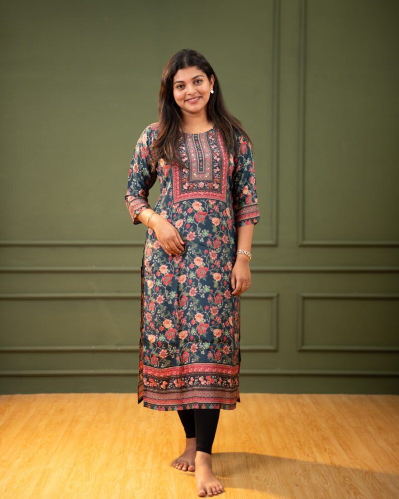 Women’s Floral Printed Straight Kurta in Deep Teal with Traditional Border Details.