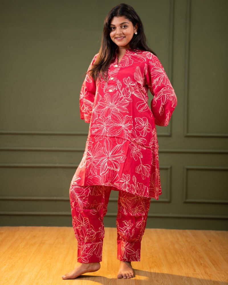 Women’s Hot Pink Floral Print Co-ord Set with High-Low Kurta and Cuffed Trousers