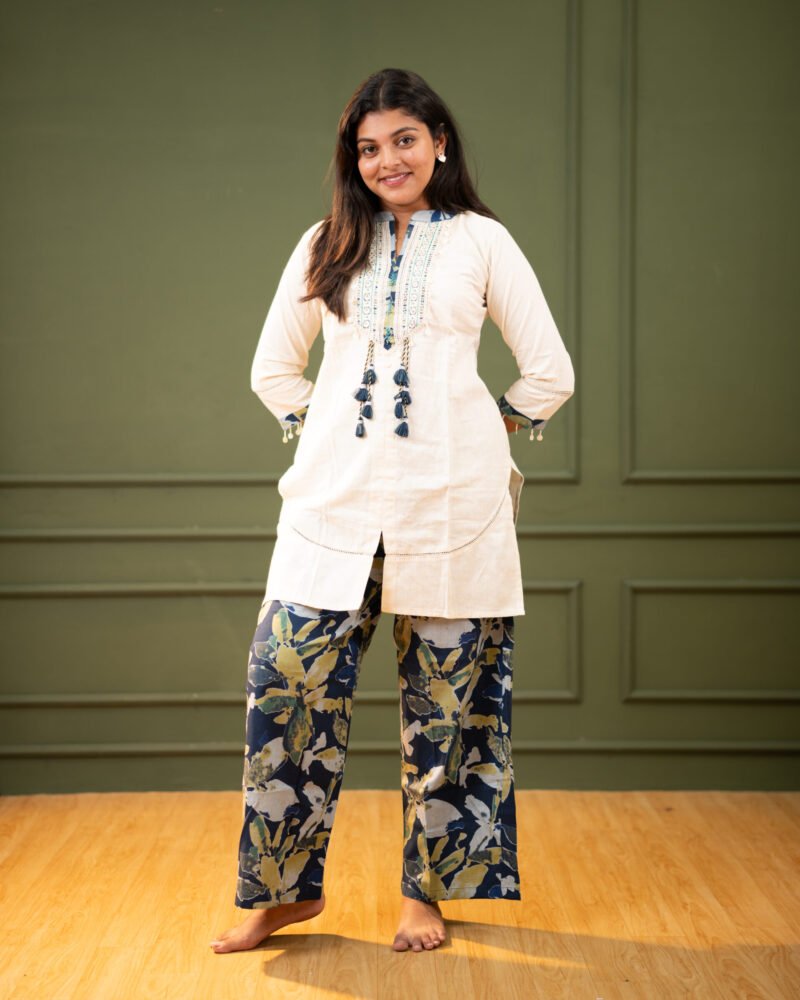 Women’s Off-White Co-Ord Set with Blue Tassel Detail and Floral Printed Pants