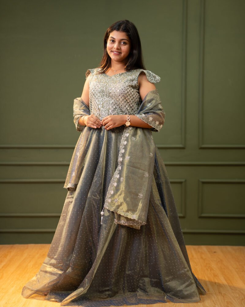 Women’s Sage Green Embroidered Party Wear Gown with Shimmer Charcoal Net Skirt