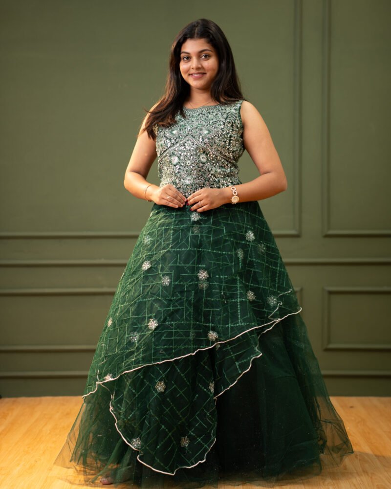 Women’s Emerald Green Heavily Embroidered Gown with Layered Net Skirt