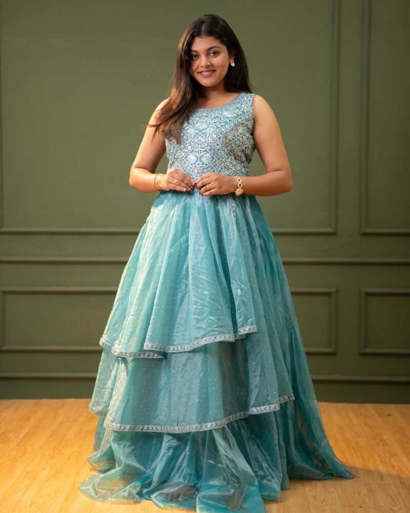 Women’s Sky Blue Heavily Embroidered Gown with Triple-Layered Shimmer Skirt