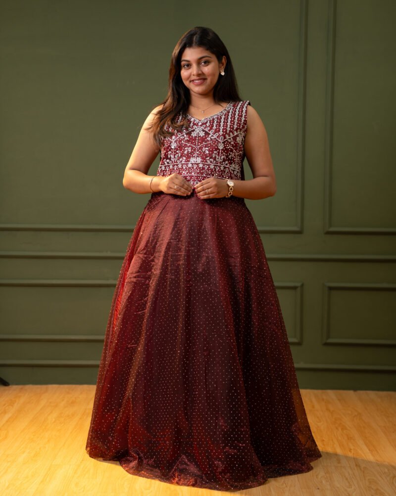 Women’s Maroon Embroidered Sleeveless Party Gown with Shimmer Flared Skirt