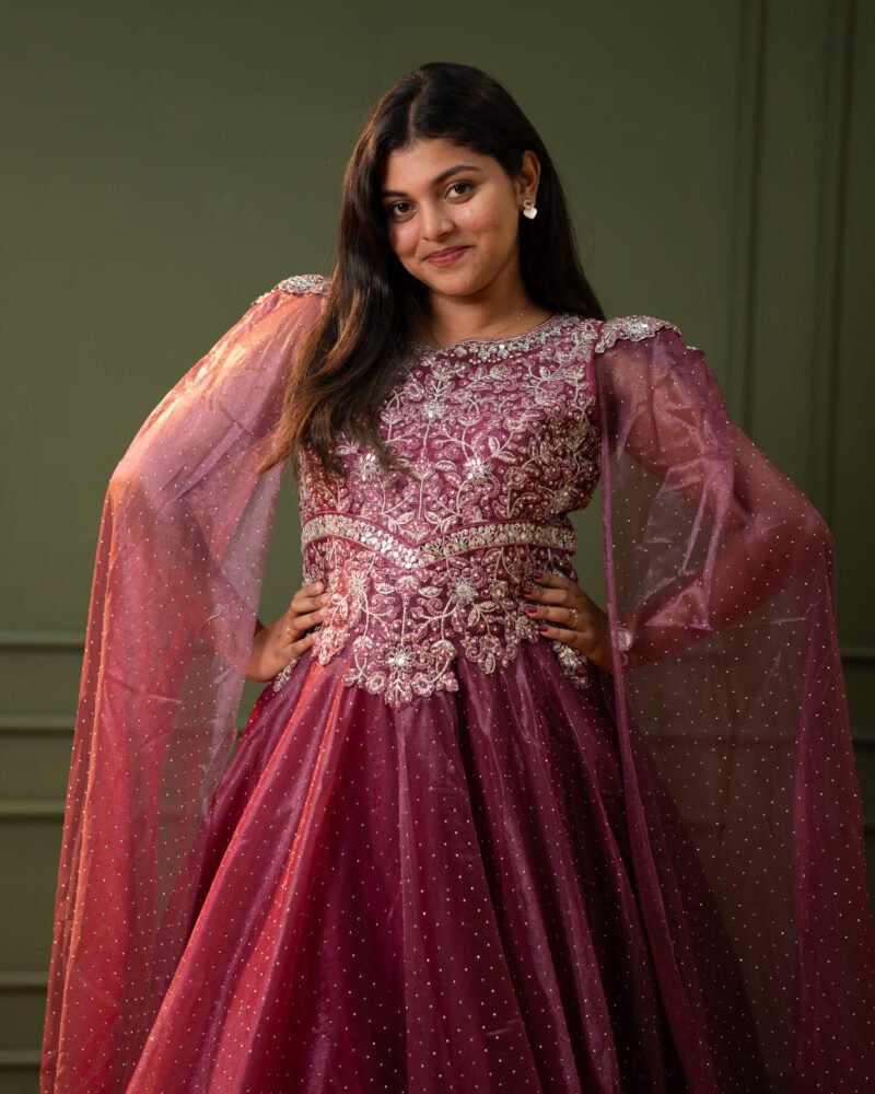 Women’s Wine Purple Heavily Embroidered Evening Gown with Shimmer Cape Sleeves