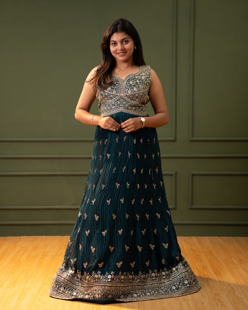 Women’s Teal Blue Pleated Gown with Gold Zari Embroidery and Scalloped Neckline