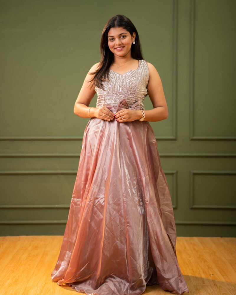 Women’s Blush Mauve Embroidered Evening Gown with Shimmer Skirt and Waist Bow