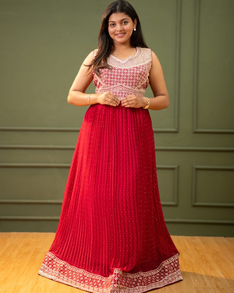 Women’s Cherry Red Pleated Frock Gown with Cream Geometric Embroidery
