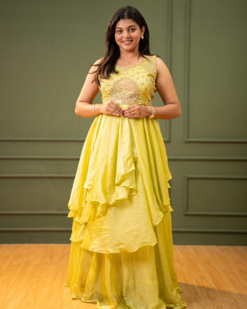 Women’s Lemon Yellow Embroidered Party Frock with Tiered Asymmetrical Layers