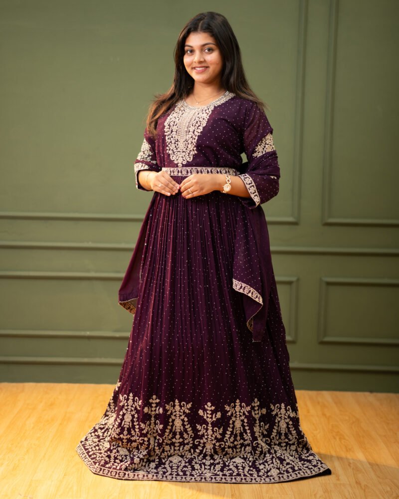 Women’s Deep Purple Pleated Frock Gown with Silver Zari Embroidery and Belt Detail