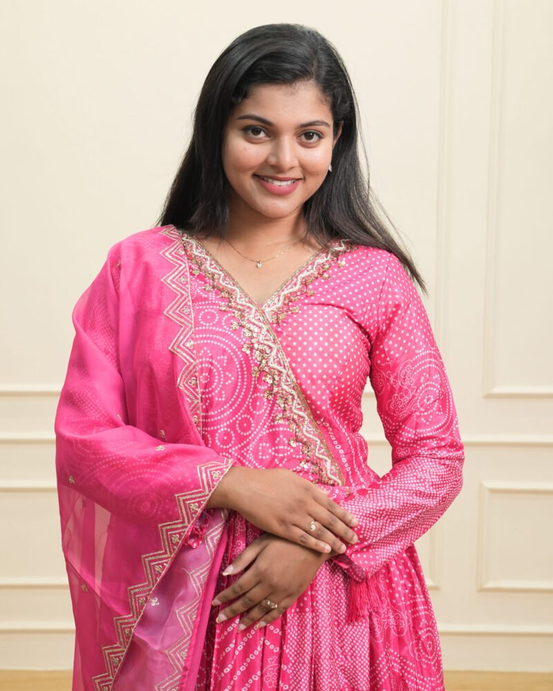 Bright Pink Bandhani-Print Maxi Dress with Dupatta