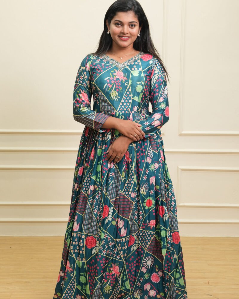 Teal Multi-Pattern Floral Printed Maxi Dress