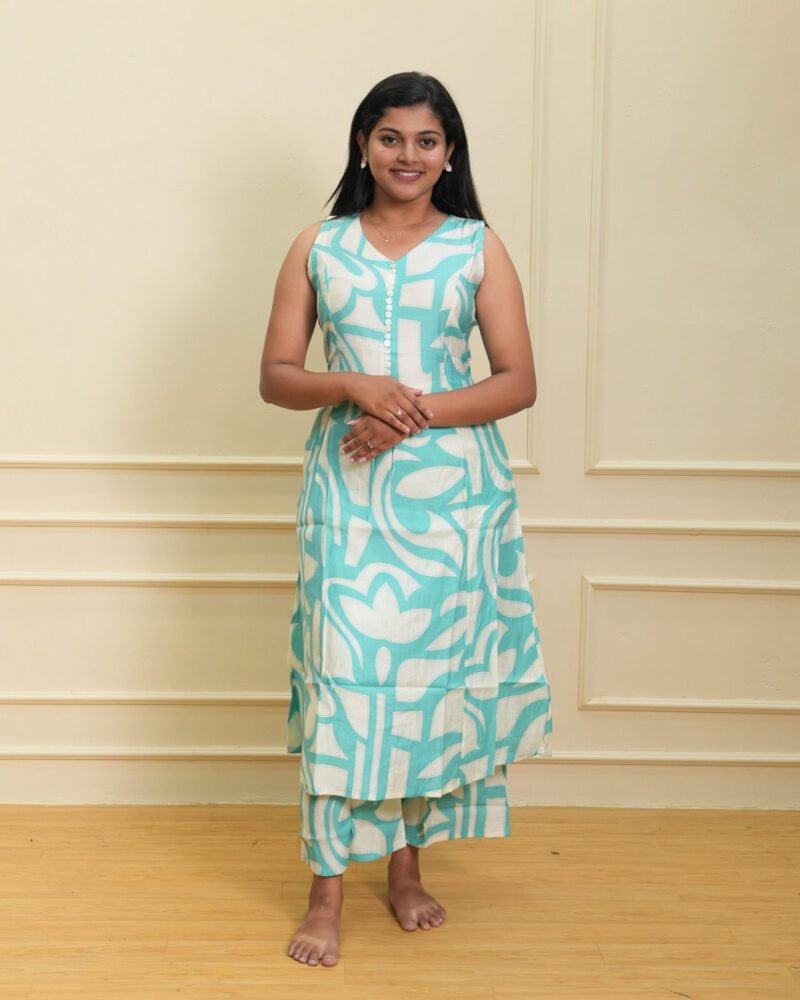 Turquoise & White Abstract Print Sleeveless Kurta Set