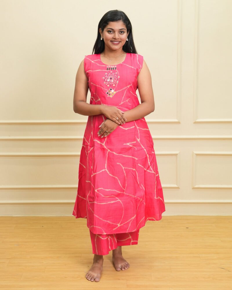 Pink Sleeveless Printed Kurta Set with Embellished Neckline