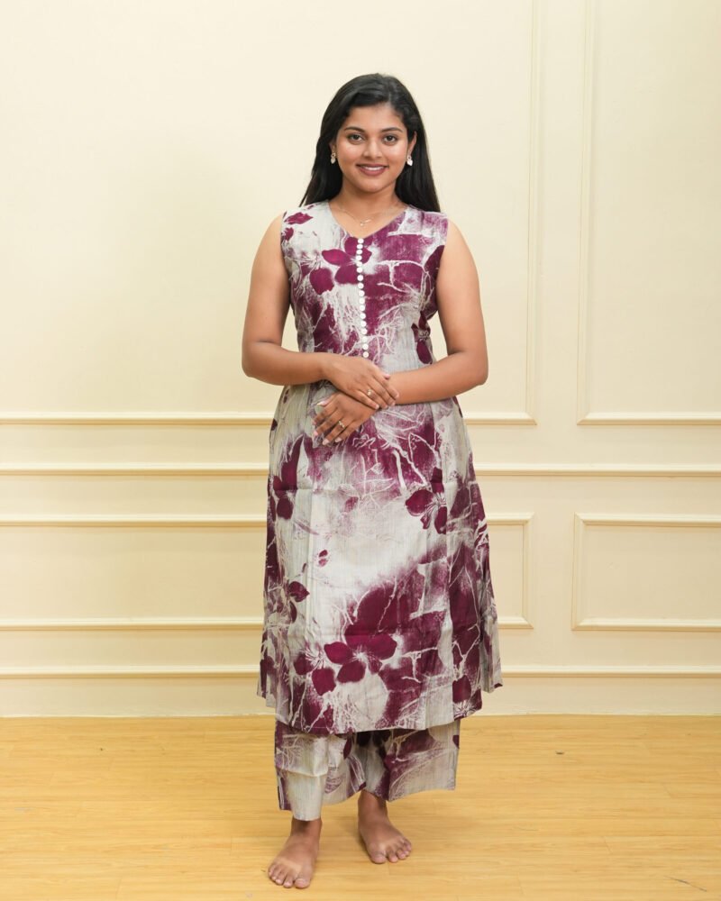 Beige & Maroon Floral Sleeveless Kurta Set